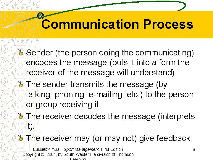 Communication Process Sender (the person doing the communicating) encodes the message (puts it into