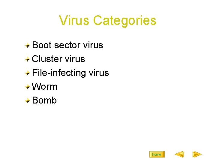 Virus Categories Boot sector virus Cluster virus File-infecting virus Worm Bomb home 