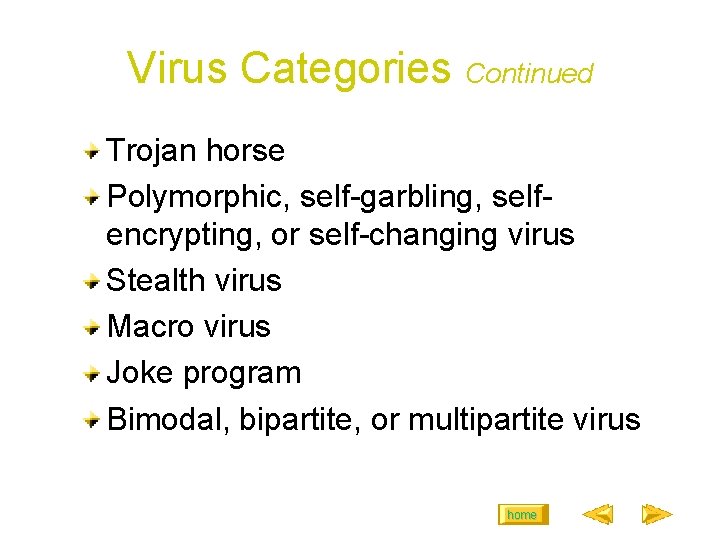 Virus Categories Continued Trojan horse Polymorphic, self-garbling, selfencrypting, or self-changing virus Stealth virus Macro