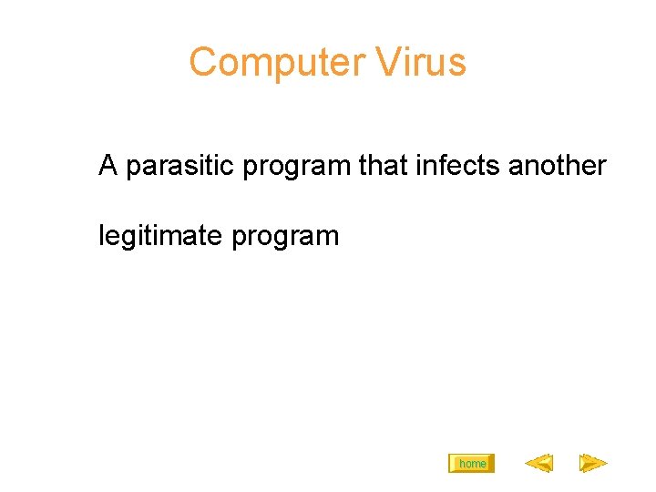 Computer Virus A parasitic program that infects another legitimate program home 