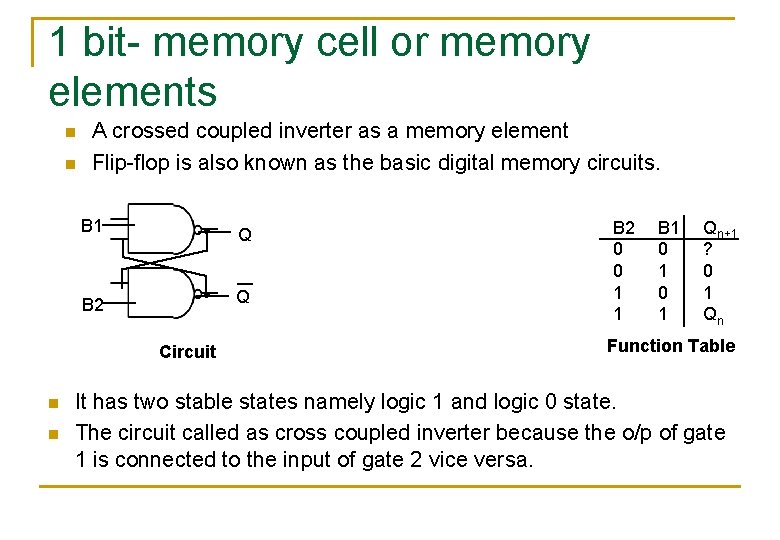 1 bit- memory cell or memory elements n n A crossed coupled inverter as