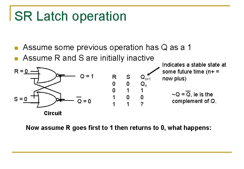 SR Latch operation n n Assume some previous operation has Q as a 1
