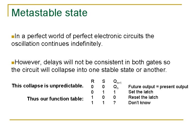 Metastable state n. In a perfect world of perfect electronic circuits the oscillation continues