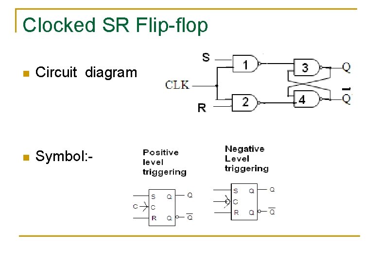Clocked SR Flip-flop n Circuit diagram n Symbol: - Clocked SR Flip-flop n Circuit diagram n Symbol: -