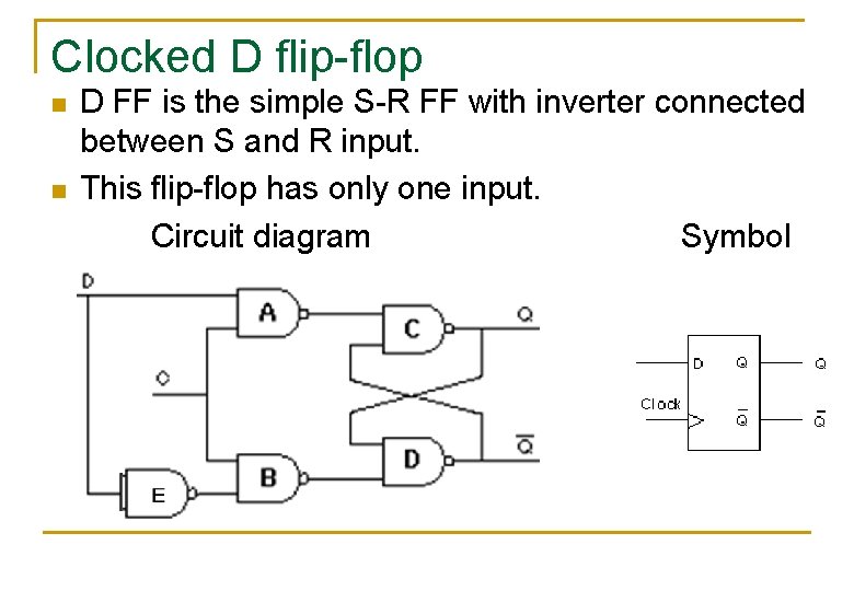 Clocked D flip-flop n n D FF is the simple S-R FF with inverter