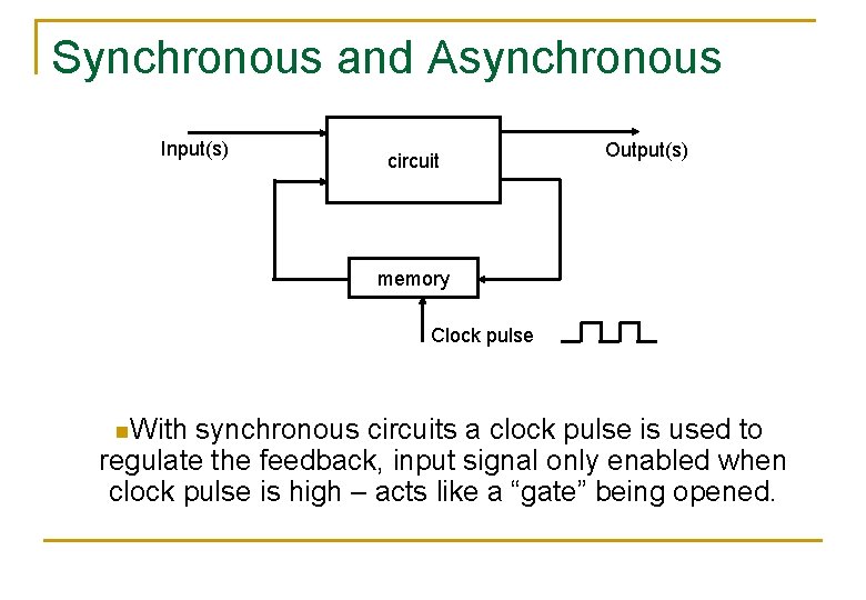 Synchronous and Asynchronous Input(s) circuit Output(s) memory Clock pulse n. With synchronous circuits a