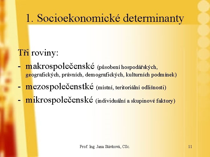 1. Socioekonomické determinanty Tři roviny: - makrospolečenské (působení hospodářských, geografických, právních, demografických, kulturních podmínek)