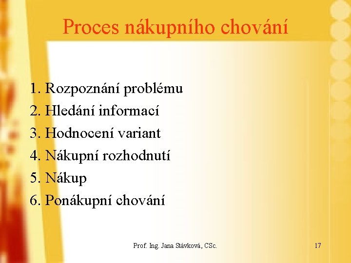 Proces nákupního chování 1. Rozpoznání problému 2. Hledání informací 3. Hodnocení variant 4. Nákupní