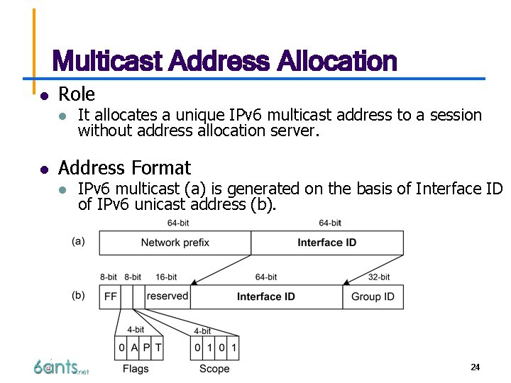 Multicast Address Allocation l Role l l It allocates a unique IPv 6 multicast