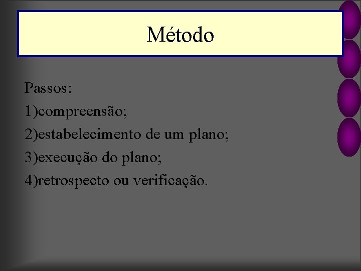 Método Passos: 1)compreensão; 2)estabelecimento de um plano; 3)execução do plano; 4)retrospecto ou verificação. 