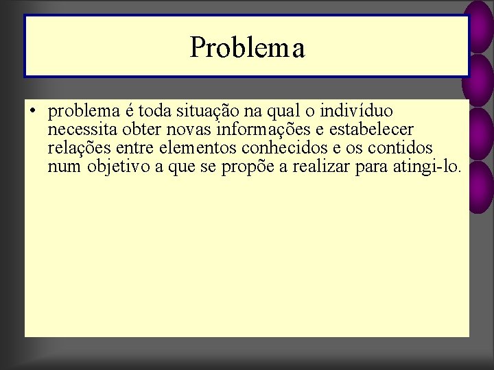 Problema • problema é toda situação na qual o indivíduo necessita obter novas informações