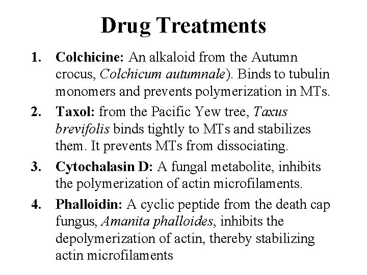 Drug Treatments 1. Colchicine: An alkaloid from the Autumn crocus, Colchicum autumnale). Binds to