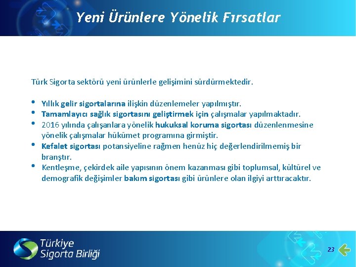 Yeni Ürünlere Yönelik Fırsatlar Türk Sigorta sektörü yeni ürünlerle gelişimini sürdürmektedir. • • •