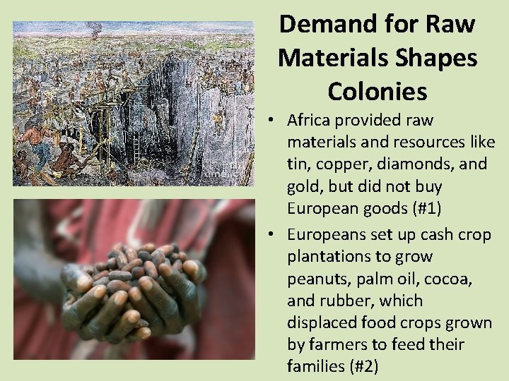 Demand for Raw Materials Shapes Colonies • Africa provided raw materials and resources like