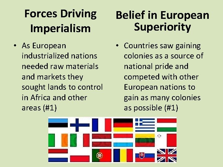 Forces Driving Imperialism • As European industrialized nations needed raw materials and markets they
