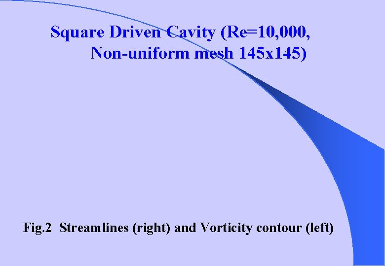 Square Driven Cavity (Re=10, 000, Non-uniform mesh 145 x 145) Fig. 2 Streamlines (right)