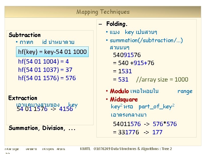 Mapping Techniques Subtraction • ถาทก id นำหนาดวย 54011 hf(key) = key-54 01 1000 hf(54