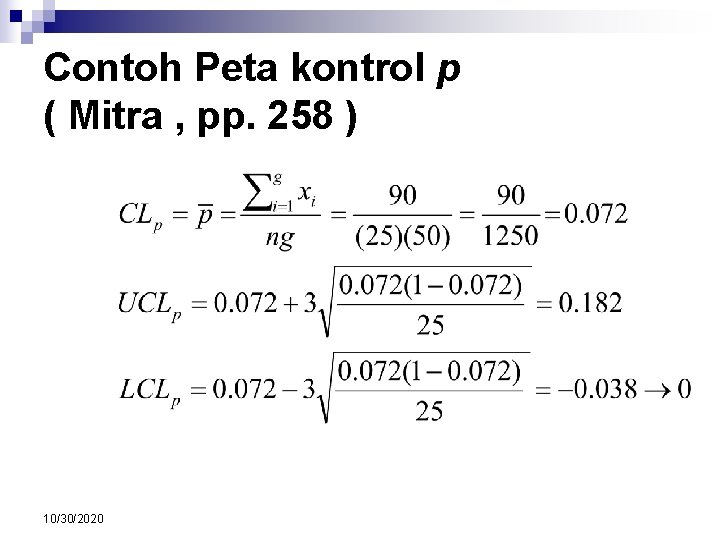 Contoh Peta kontrol p ( Mitra , pp. 258 ) 10/30/2020 