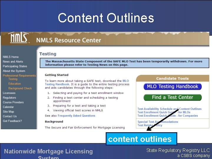 Content Outlines content outlines Nationwide Mortgage Licensing State Regulatory Registry LLC a CSBS company