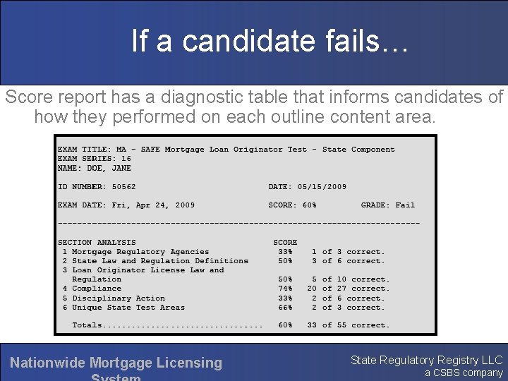 If a candidate fails… Score report has a diagnostic table that informs candidates of