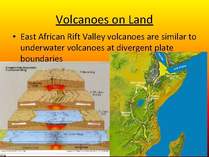 Volcanoes on Land • East African Rift Valley volcanoes are similar to underwater volcanoes