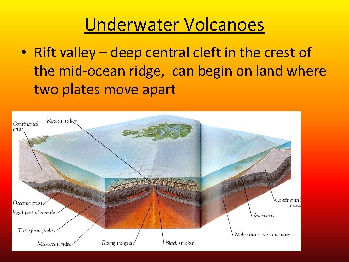 Underwater Volcanoes • Rift valley – deep central cleft in the crest of the
