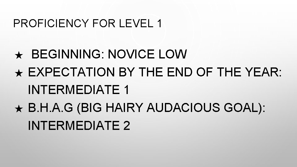 PROFICIENCY FOR LEVEL 1 ★ ★ ★ BEGINNING: NOVICE LOW EXPECTATION BY THE END