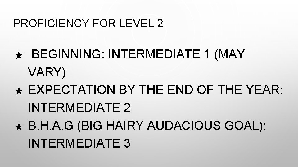 PROFICIENCY FOR LEVEL 2 ★ ★ ★ BEGINNING: INTERMEDIATE 1 (MAY VARY) EXPECTATION BY