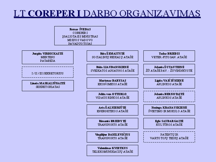 LT COREPER I DARBO ORGANIZAVIMAS Romas ŠVEDAS COREPER I ĮGALIOTASIS MINISTRAS MISIJOS VADOVO PAVADUOTOJAS