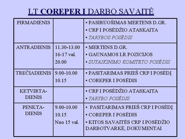 LT COREPER I DARBO SAVAITĖ PIRMADIENIS • PASIRUOŠIMAS MERTENS D. GR. • CRP I