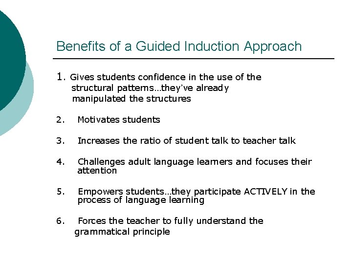 Benefits of a Guided Induction Approach 1. Gives students confidence in the use of