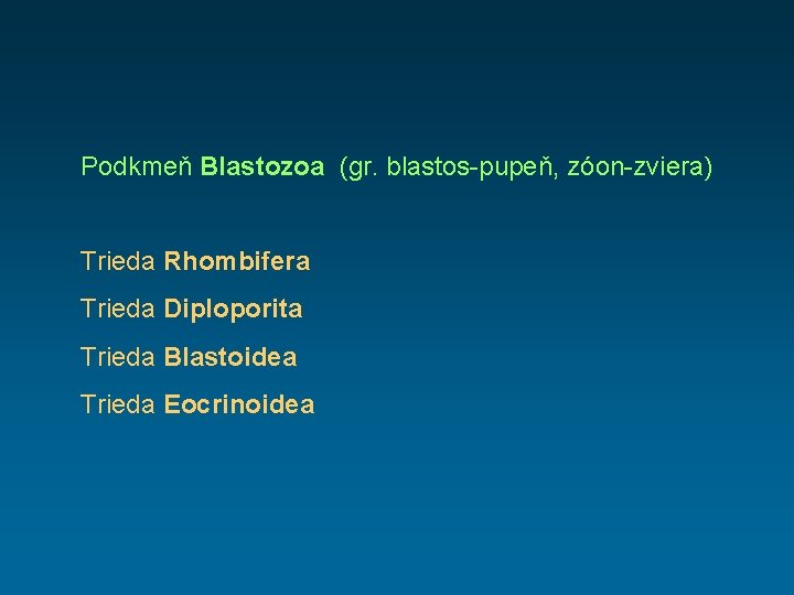 Podkmeň Blastozoa (gr. blastos-pupeň, zóon-zviera) Trieda Rhombifera Trieda Diploporita Trieda Blastoidea Trieda Eocrinoidea 