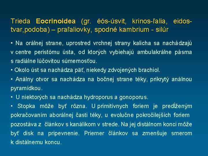 Trieda Eocrinoidea (gr. éós-úsvit, krinos-ľalia, eidostvar, podoba) – praľaliovky, spodné kambrium - silúr •