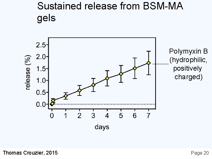 Sustained release from BSM-MA gels Polymyxin B (hydrophilic, positively charged) Thomas Crouzier, 2015 Page