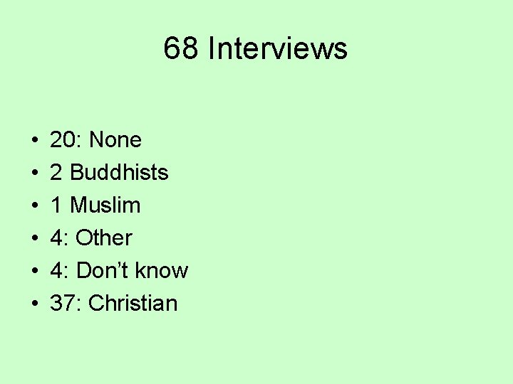 68 Interviews • • • 20: None 2 Buddhists 1 Muslim 4: Other 4: