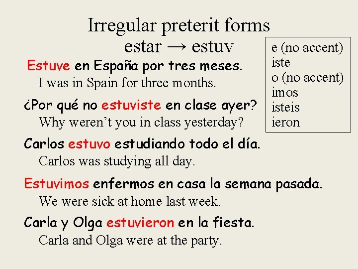 Irregular preterit forms e (no accent) estar → estuv Estuve en España por tres