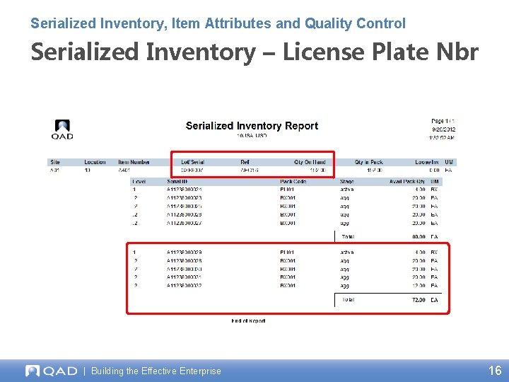 Serialized Inventory, Item Attributes and Quality Control Serialized Inventory – License Plate Nbr |