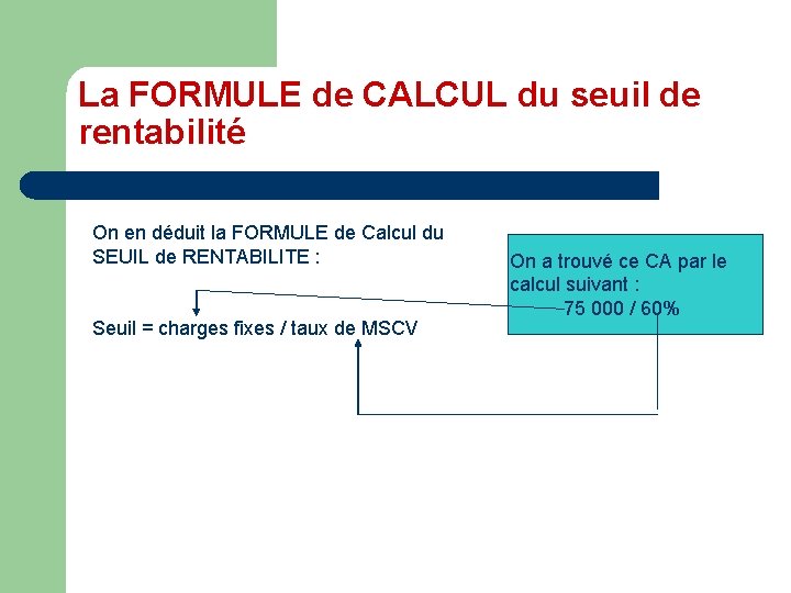 La FORMULE de CALCUL du seuil de rentabilité On en déduit la FORMULE de