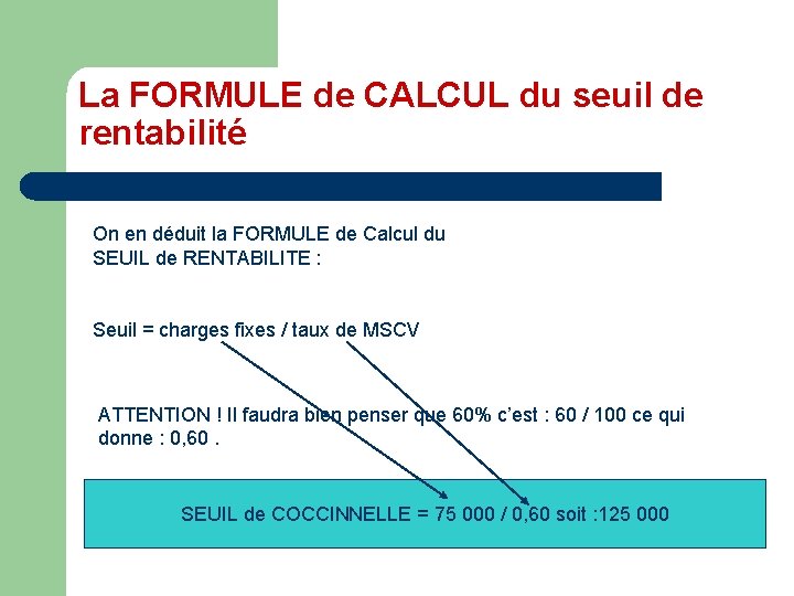 La FORMULE de CALCUL du seuil de rentabilité On en déduit la FORMULE de