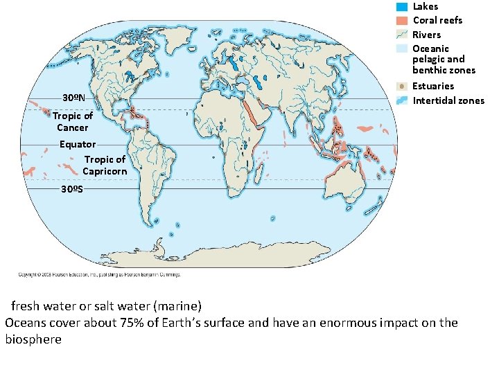 30ºN Lakes Coral reefs Rivers Oceanic pelagic and benthic zones Estuaries Intertidal zones Tropic