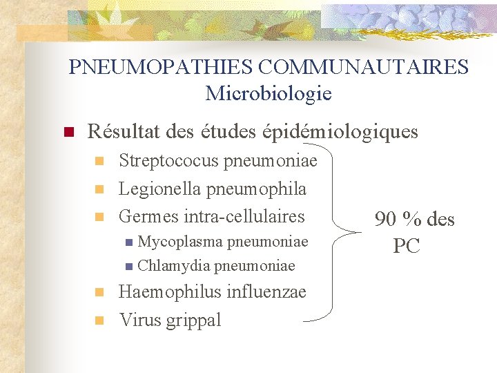 PNEUMOPATHIES COMMUNAUTAIRES Microbiologie n Résultat des études épidémiologiques n n n Streptococus pneumoniae Legionella