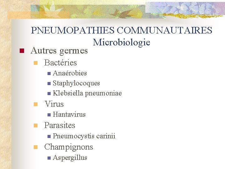 n PNEUMOPATHIES COMMUNAUTAIRES Microbiologie Autres germes n Bactéries n Anaérobies n Staphylocoques n Klebsiella