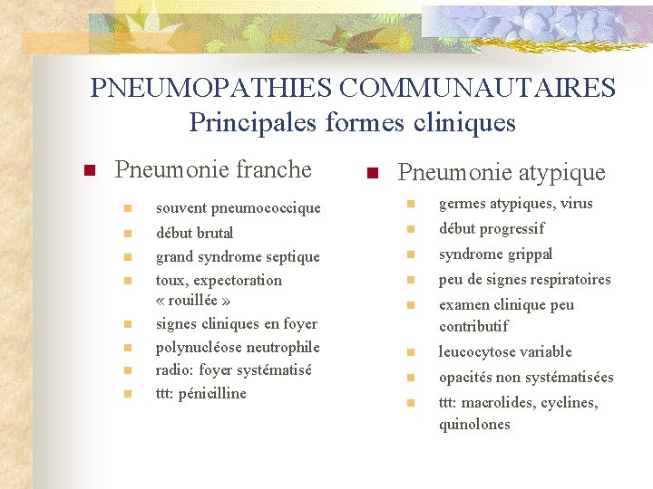 PNEUMOPATHIES COMMUNAUTAIRES Principales formes cliniques n Pneumonie franche n Pneumonie atypique n souvent pneumococcique