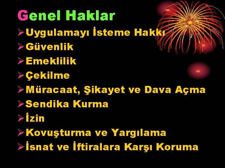 Genel Haklar Ø Uygulamayı İsteme Hakkı Ø Güvenlik Ø Emeklilik Ø Çekilme Ø Müracaat,