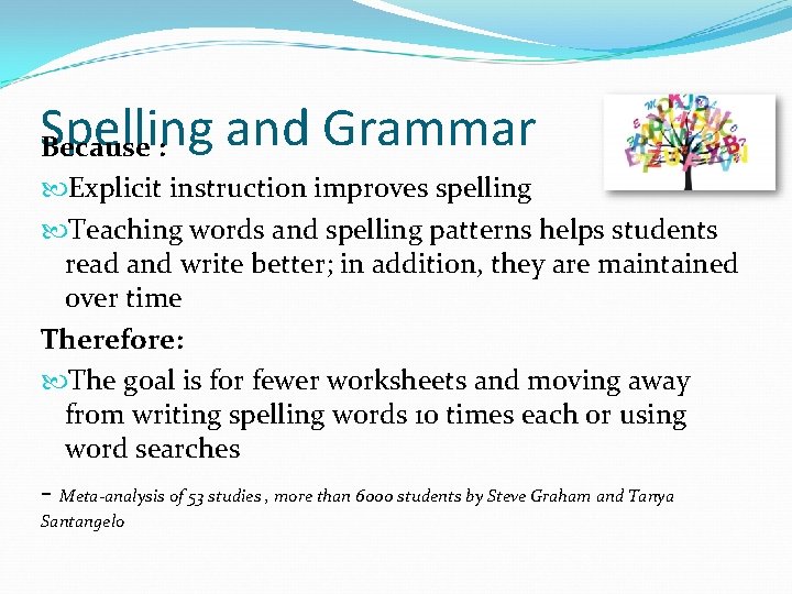 Spelling and Grammar Because : Explicit instruction improves spelling Teaching words and spelling patterns