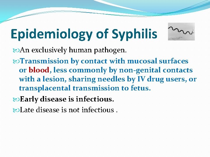 Epidemiology of Syphilis An exclusively human pathogen. Transmission by contact with mucosal surfaces or