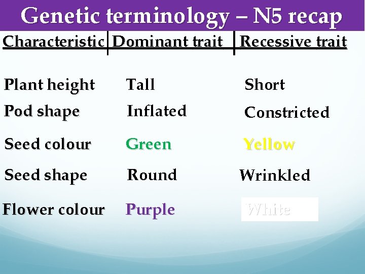 Genetic terminology – N 5 recap Characteristic Dominant trait Recessive trait Plant height Tall