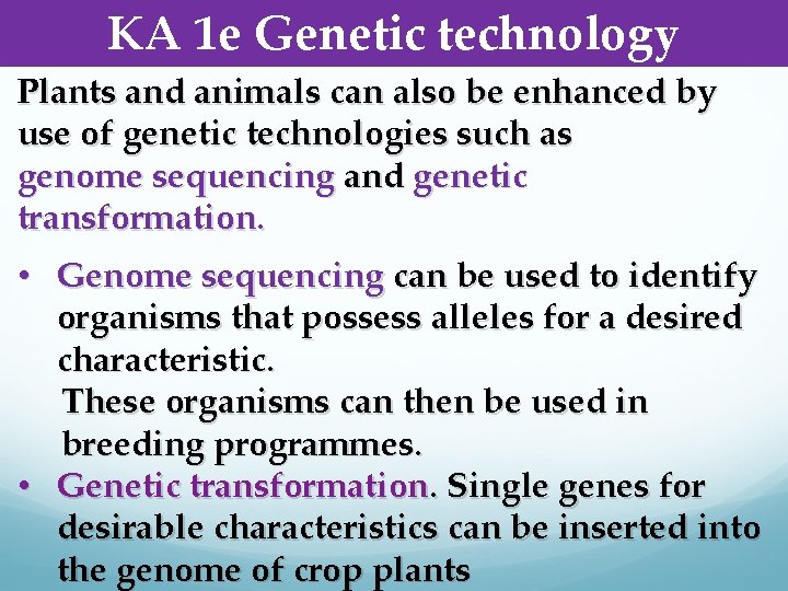 KA 1 e Genetic technology Plants and animals can also be enhanced by use