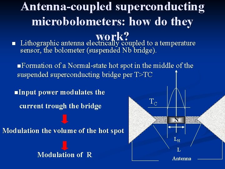 n Antenna-coupled superconducting microbolometers: how do they work? Lithographic antenna electrically coupled to a