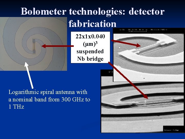 Bolometer technologies: detector fabrication 22 x 1 x 0. 040 (μm)3 suspended Nb bridge
